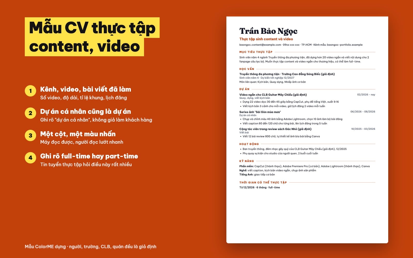 Mẫu CV thực tập sinh content và video