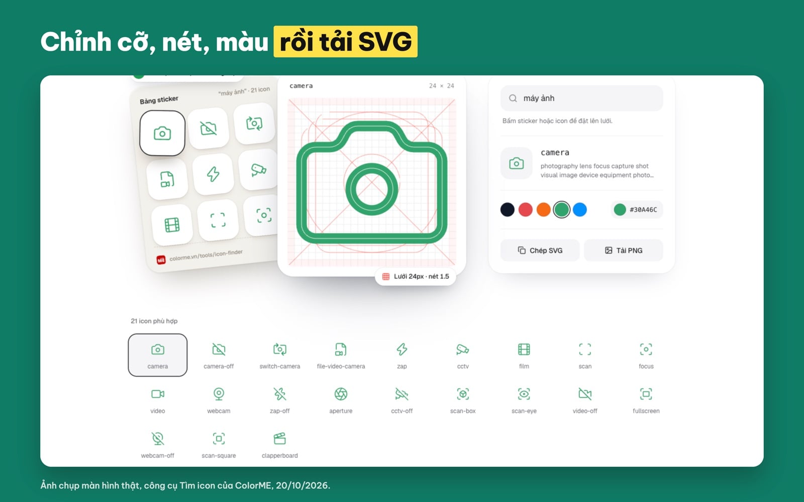 Chỉnh cỡ, độ dày nét và màu icon trước khi tải SVG