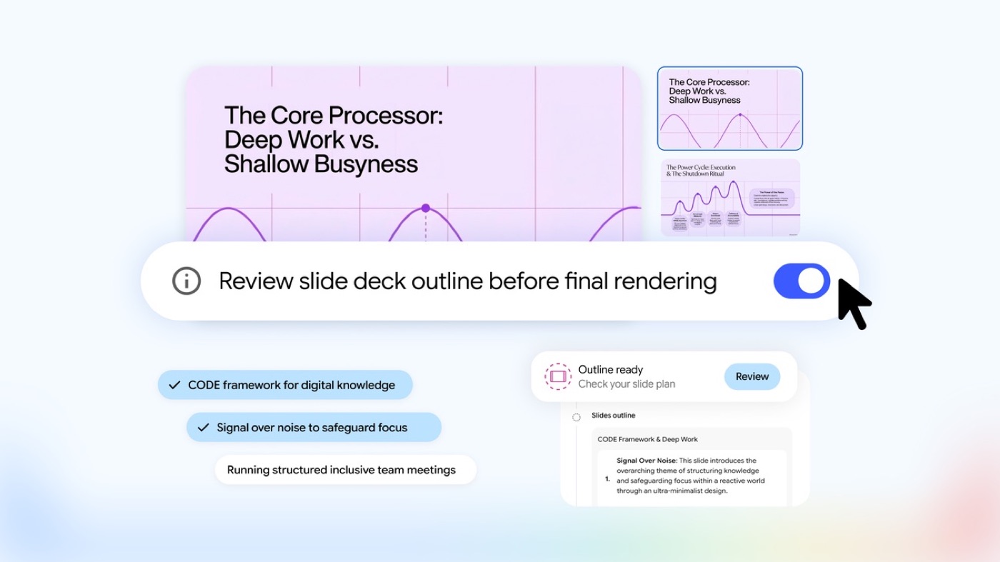 Giao diện Gemini Notebook nền sáng, một công tắc màu xanh có dòng chữ Review slide deck outline before final rendering đang được bật, bên dưới là danh sách các chủ đề đề xuất