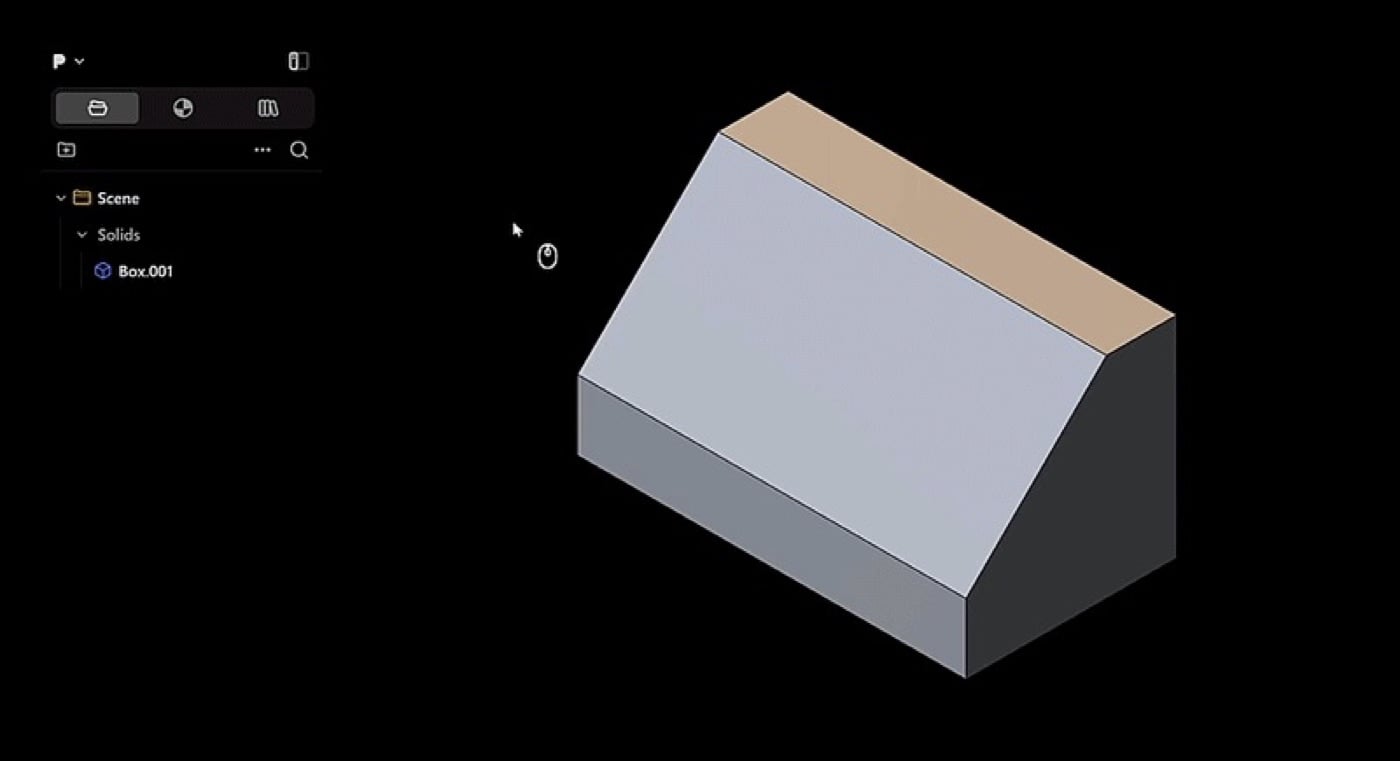 Giao diện Plasticity nền đen, một khối hình nêm màu xám có mặt trên màu be được kéo từ thẻ Assets vào khung nhìn