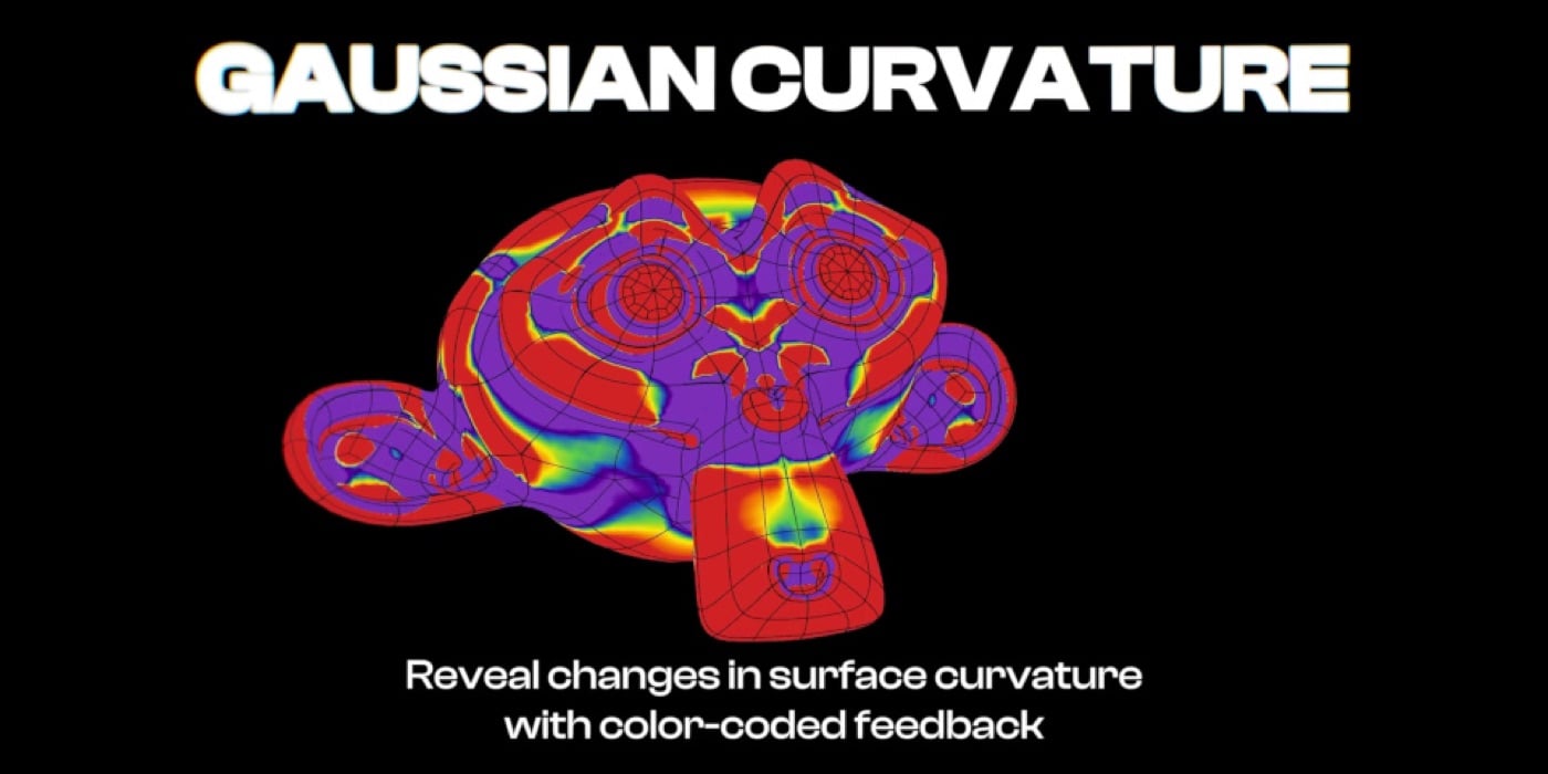 Đầu khỉ 3D tô dải màu đỏ, tím, xanh dương, vàng trên nền đen, phía trên ghi GAUSSIAN CURVATURE, phía dưới ghi Reveal changes in surface curvature with color-coded feedback