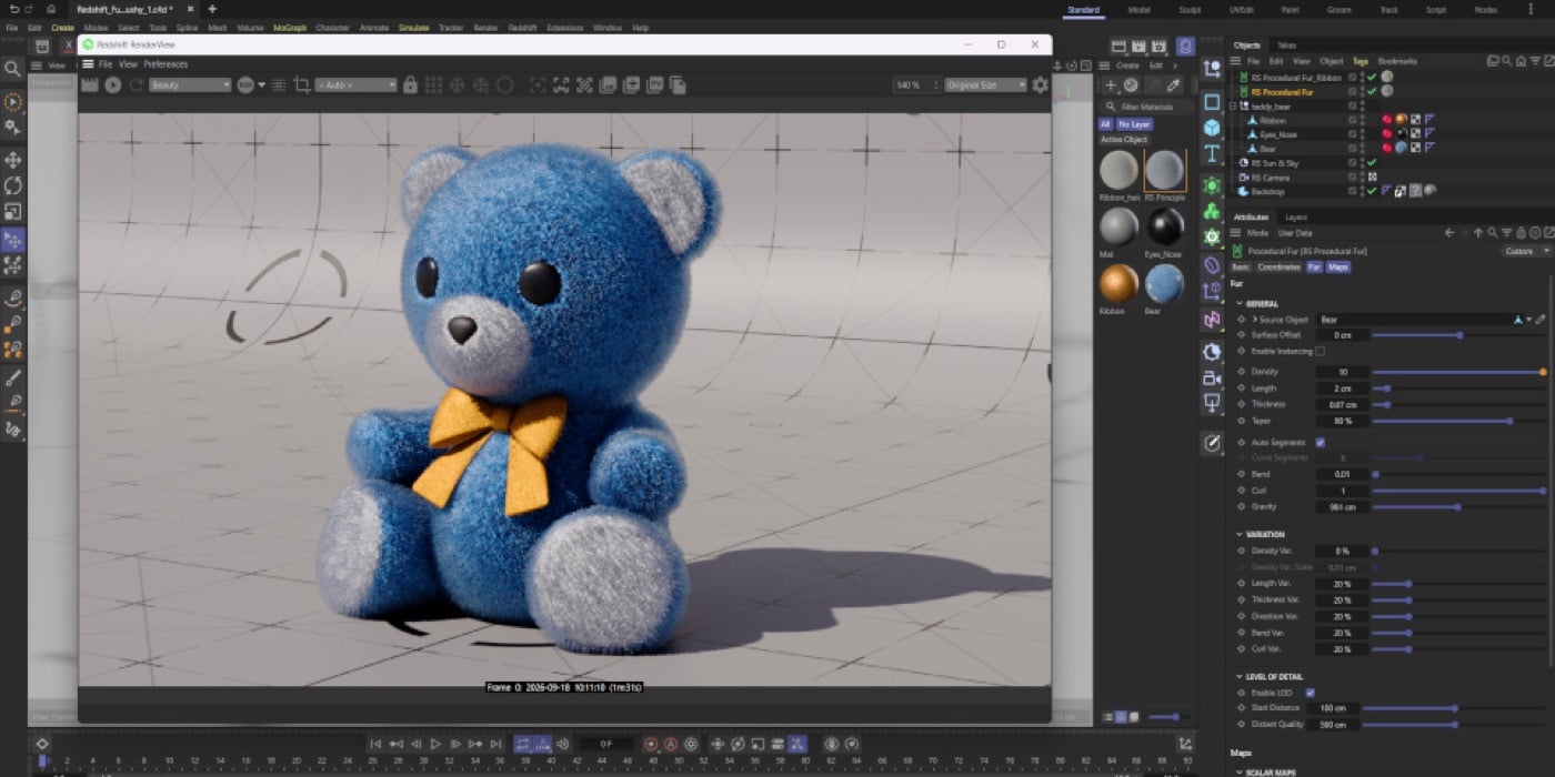 Giao diện Cinema 4D, giữa khung nhìn là một chú gấu bông lông xanh dương đeo nơ vàng ngồi trên nền trắng