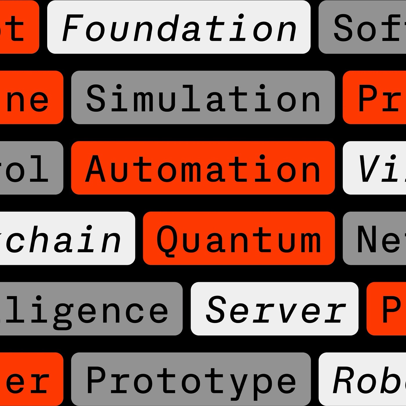 Các nhãn bo tròn màu đỏ cam, xám và trắng ngà xếp thành hàng trên nền đen, in chữ đơn cách Foundation, Simulation, Automation, Quantum, Server, Prototype