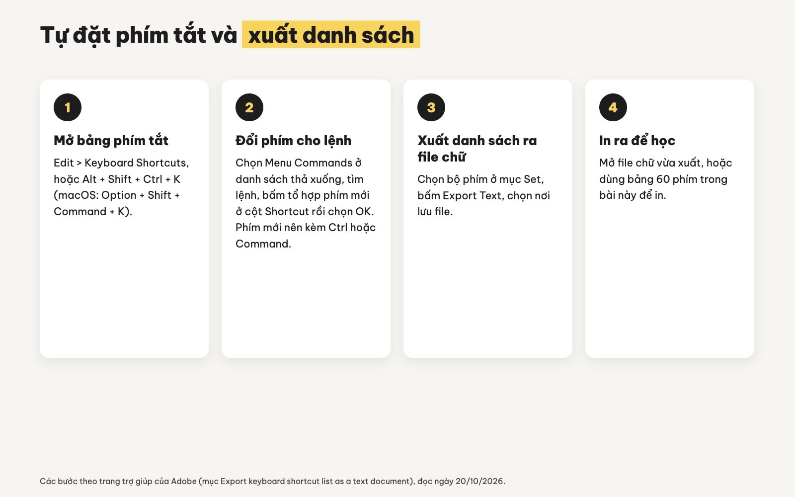 Tuỳ chỉnh và xuất danh sách phím tắt Illustrator