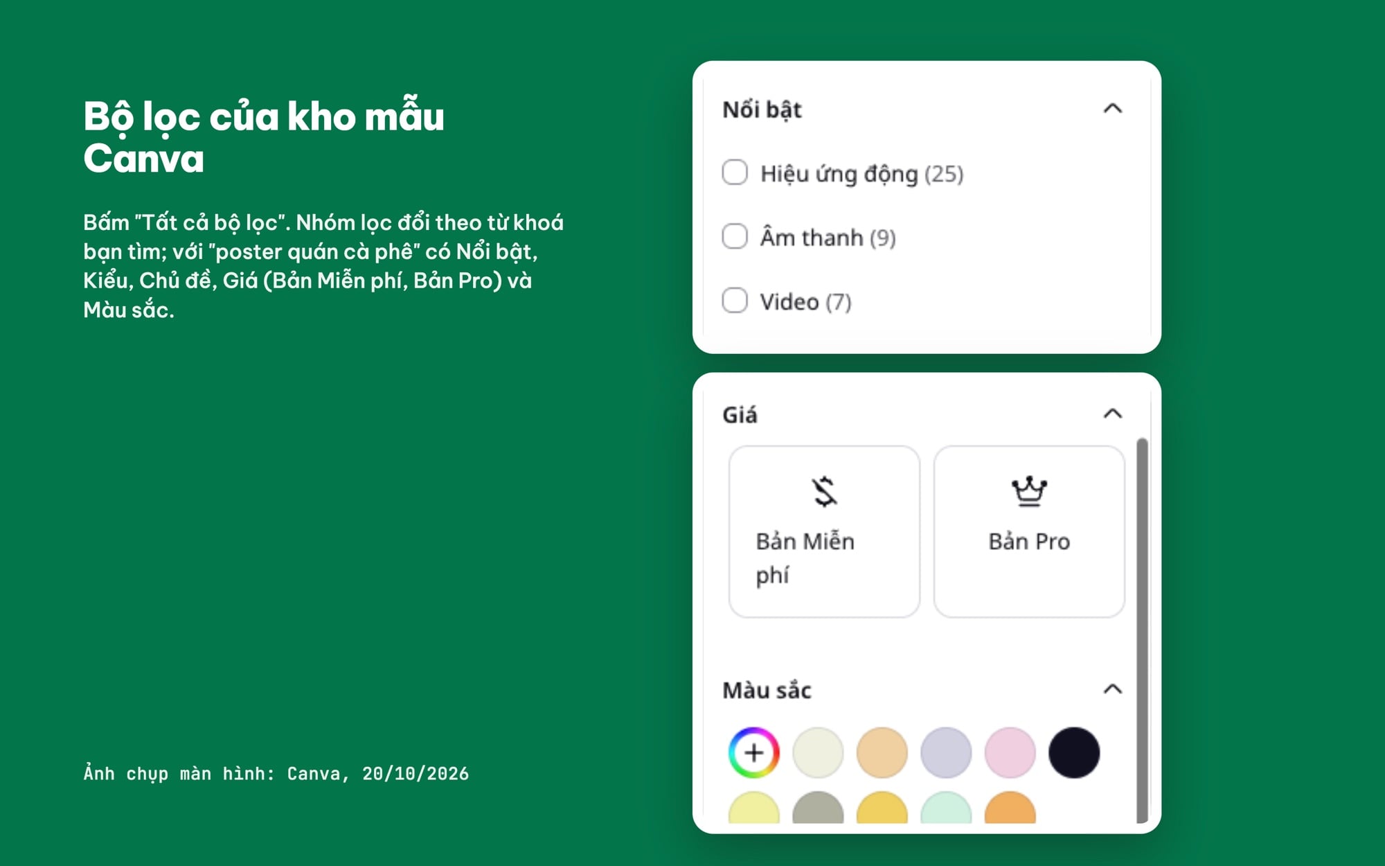 Bộ lọc mẫu Canva theo giá và màu sắc