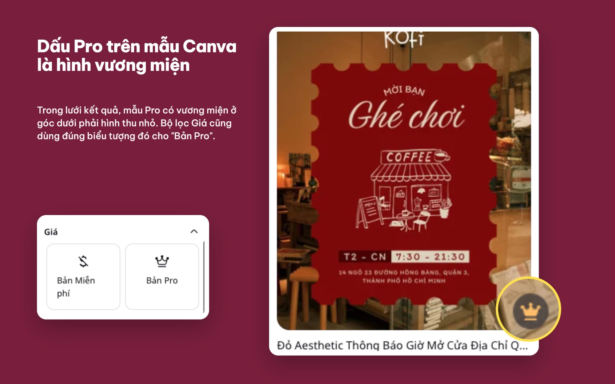 Dấu Pro hình vương miện trên mẫu Canva