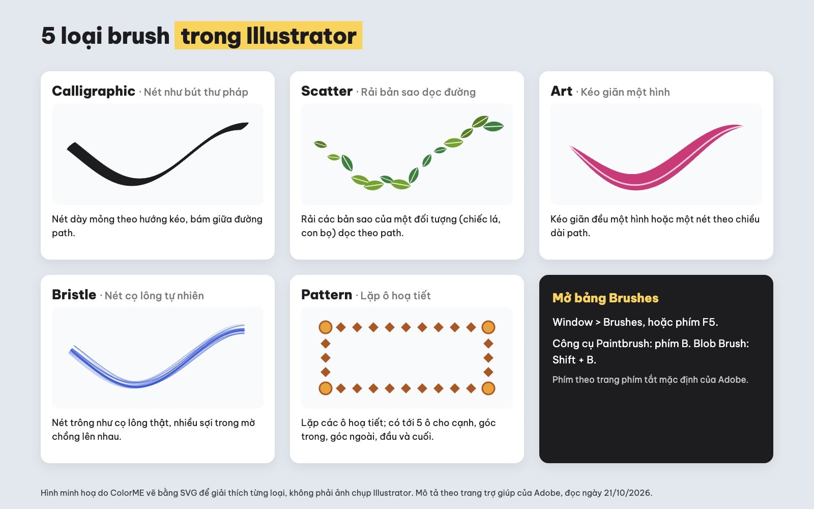 5 loại brush trong Illustrator: calligraphic, scatter, art, bristle, pattern