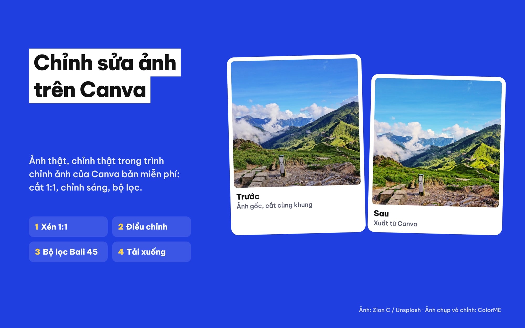 Ảnh đồi núi trước và sau khi chỉnh sửa trên Canva