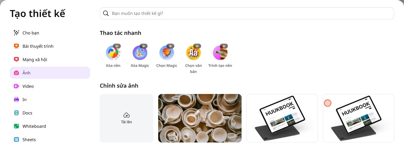 Mở trình chỉnh sửa ảnh trên Canva qua Tạo thiết kế và Ảnh