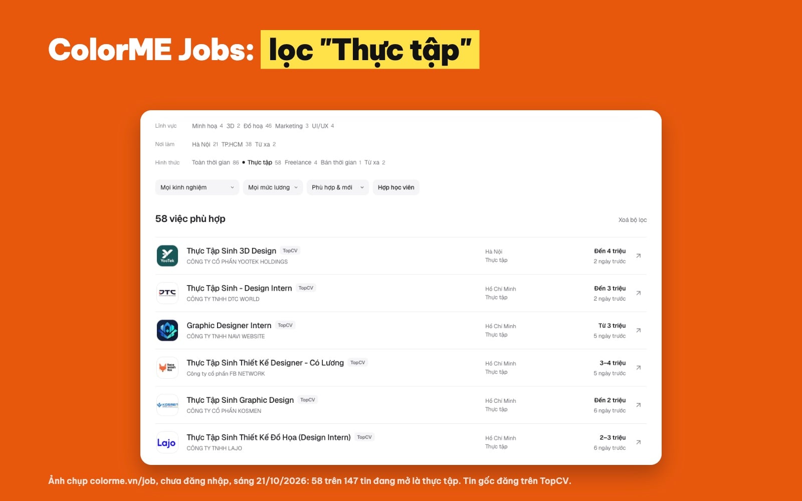 Trang ColorME Jobs lọc tin thực tập thiết kế