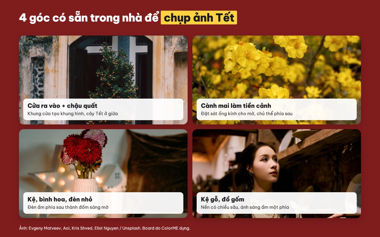 Bốn góc chụp ảnh Tết trong nhà: cửa có chậu quất, cành mai, kệ bình hoa, kệ gỗ