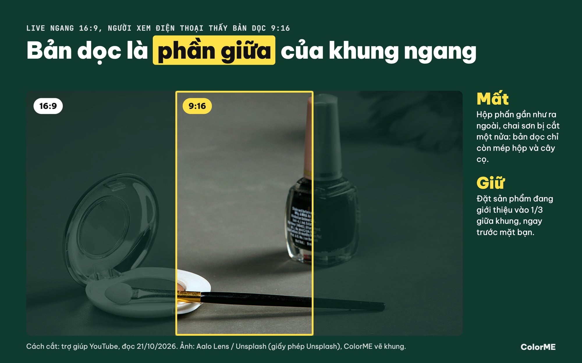 Vùng cắt dọc 9:16 ở giữa một khung hình ngang 16:9 có sản phẩm trang điểm