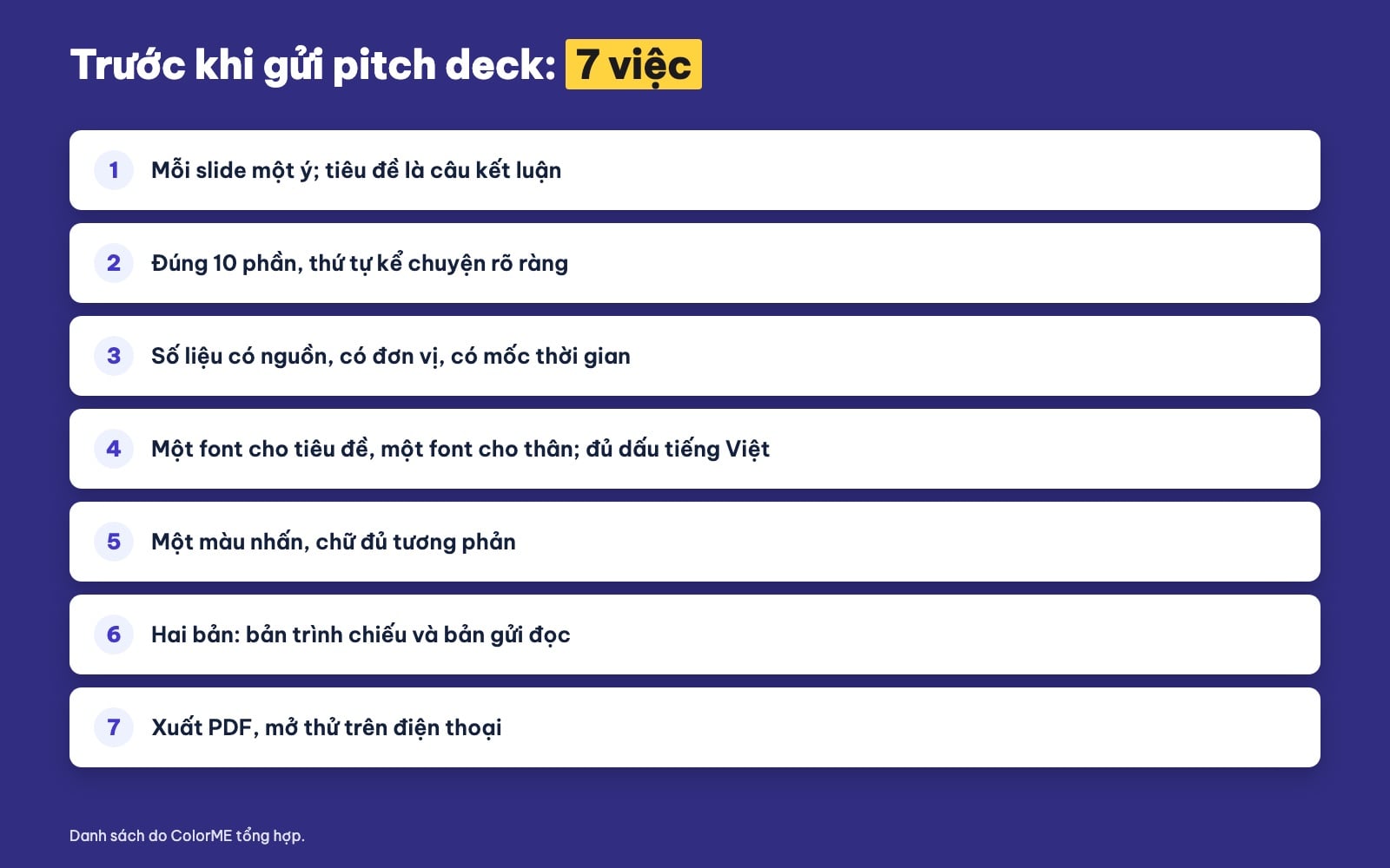 Danh sách bảy việc cần kiểm tra trước khi gửi pitch deck