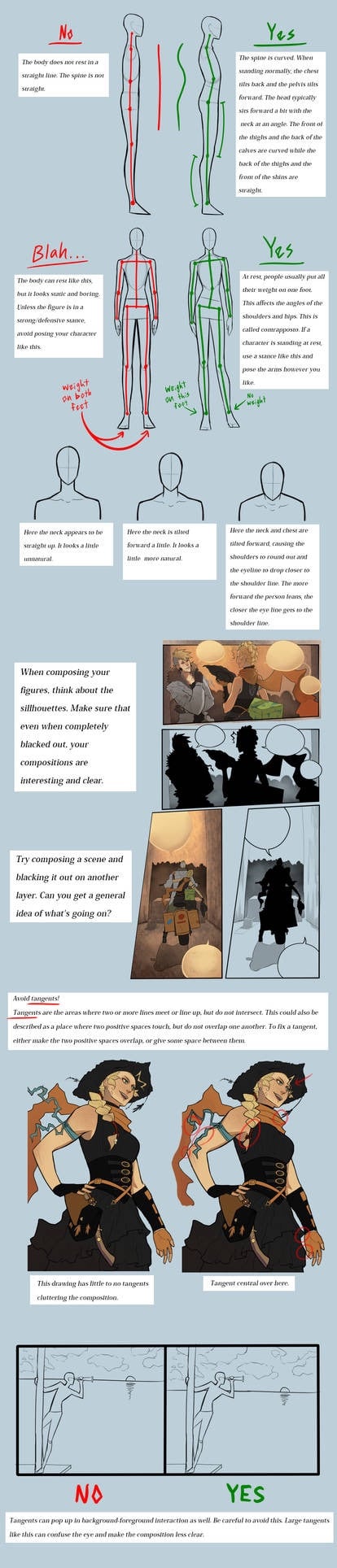 So sánh dáng đứng sai và đúng: cột sống cong tự nhiên, dồn trọng lượng lên một chân (contrapposto), cổ hơi đổ về trước