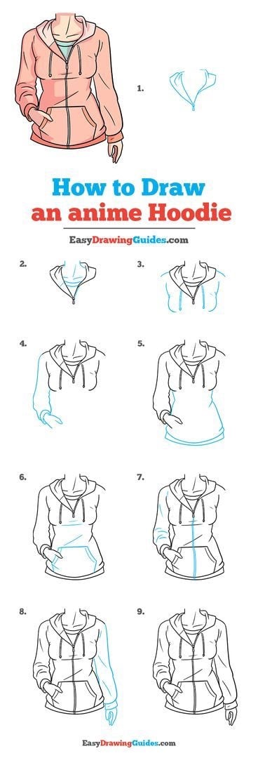 9 bước vẽ áo hoodie anime: cổ áo, khoá kéo, vai, tay áo, túi trước, gấu áo