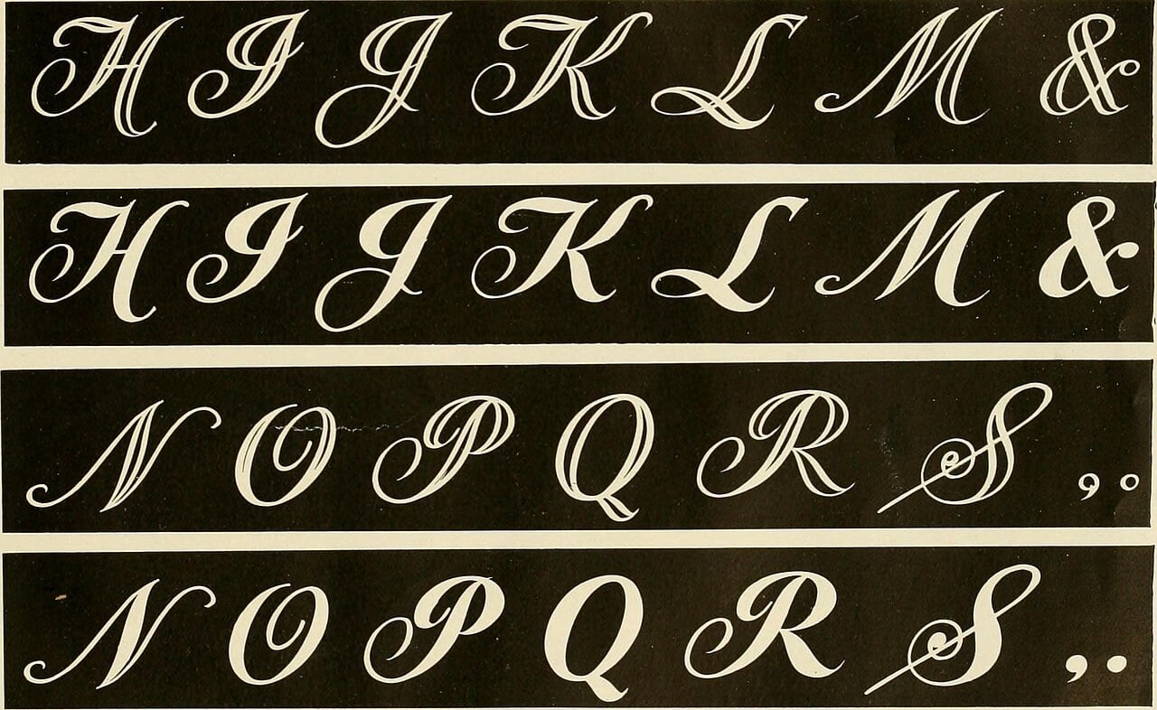 Chữ hoa script từ H đến S, mỗi hàng in bản viền và bản tô kín, sách Fairchild năm 1910