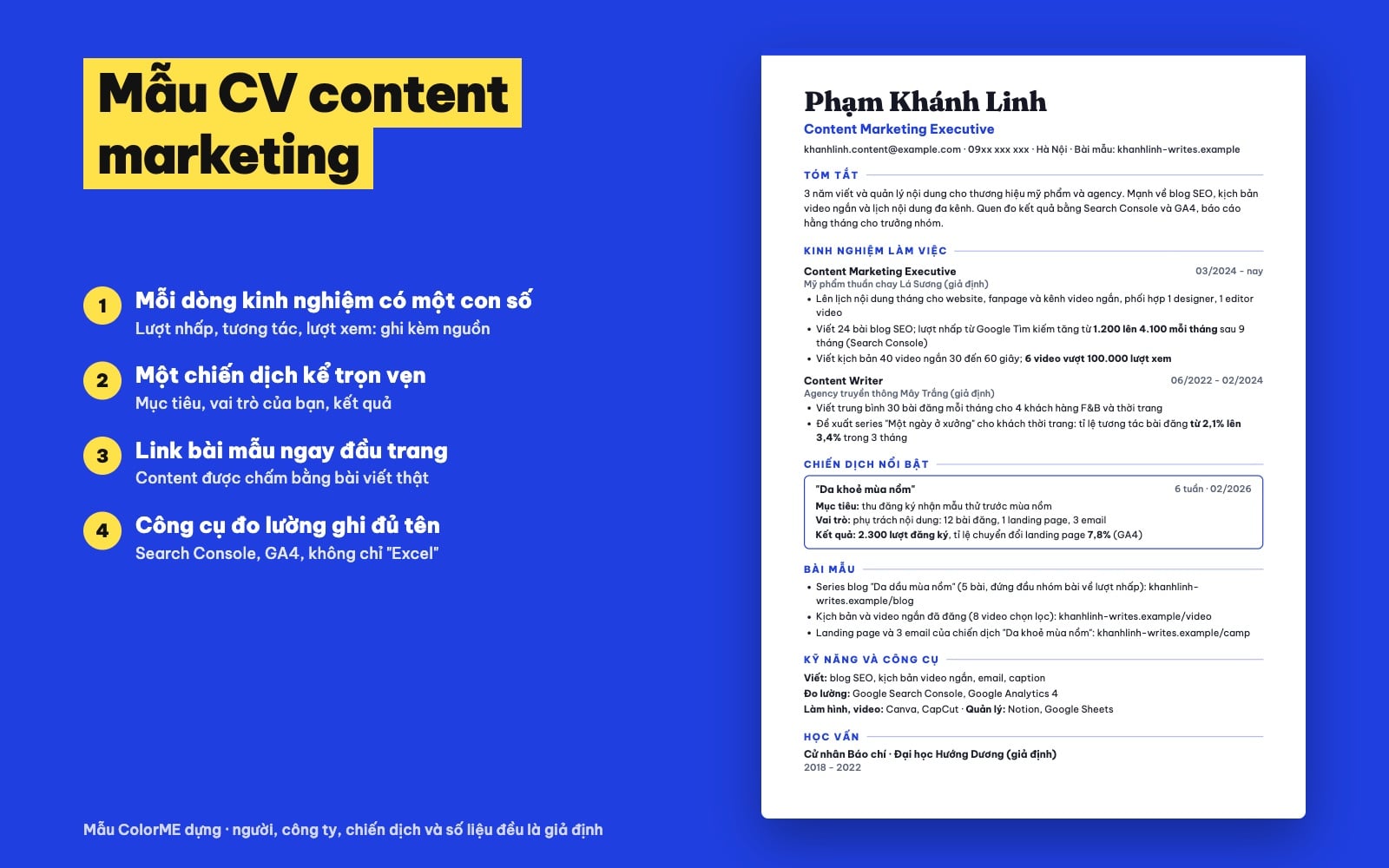 Mẫu CV content marketing 1 trang có số liệu và chiến dịch