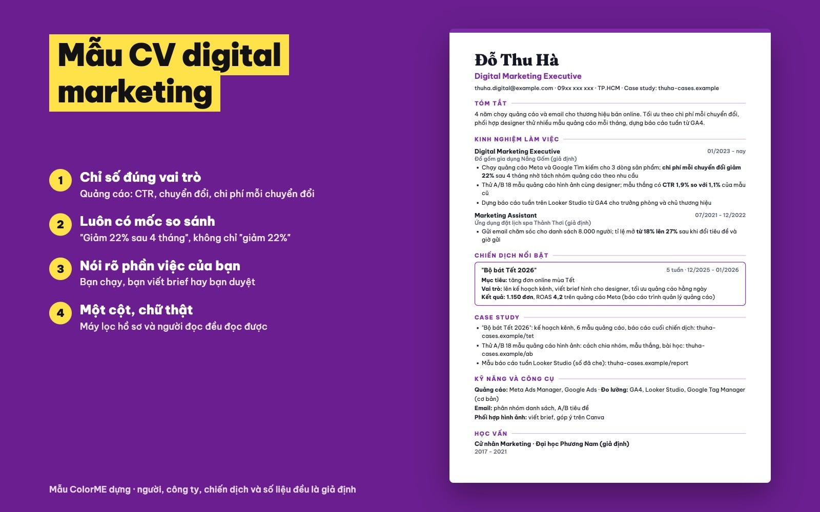 Mẫu CV digital marketing có CTR, chi phí mỗi chuyển đổi, ROAS
