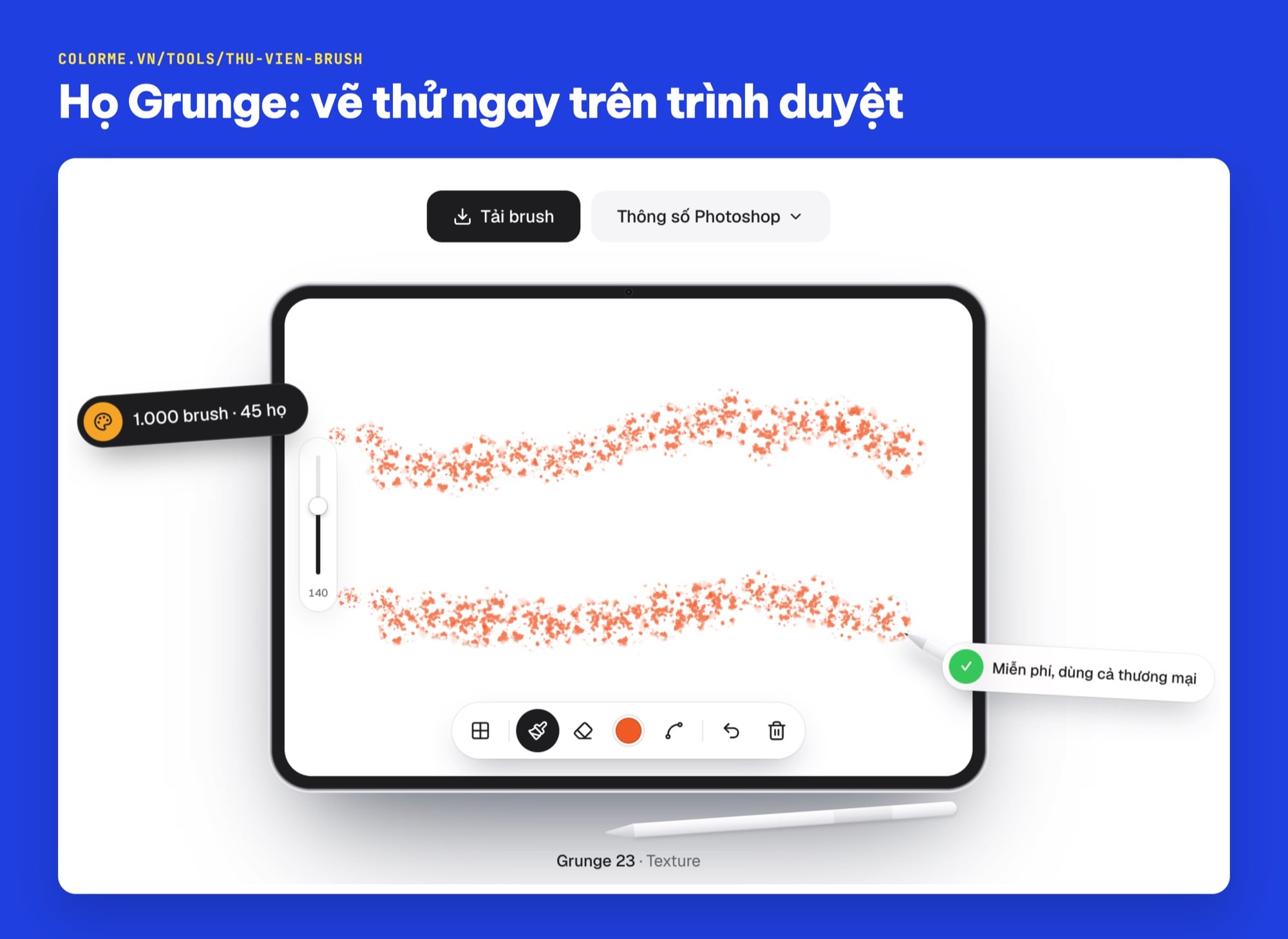 Trang Thư viện brush ColorME với hai nét vẽ thử bằng brush Grunge 23 màu cam trên khung vẽ