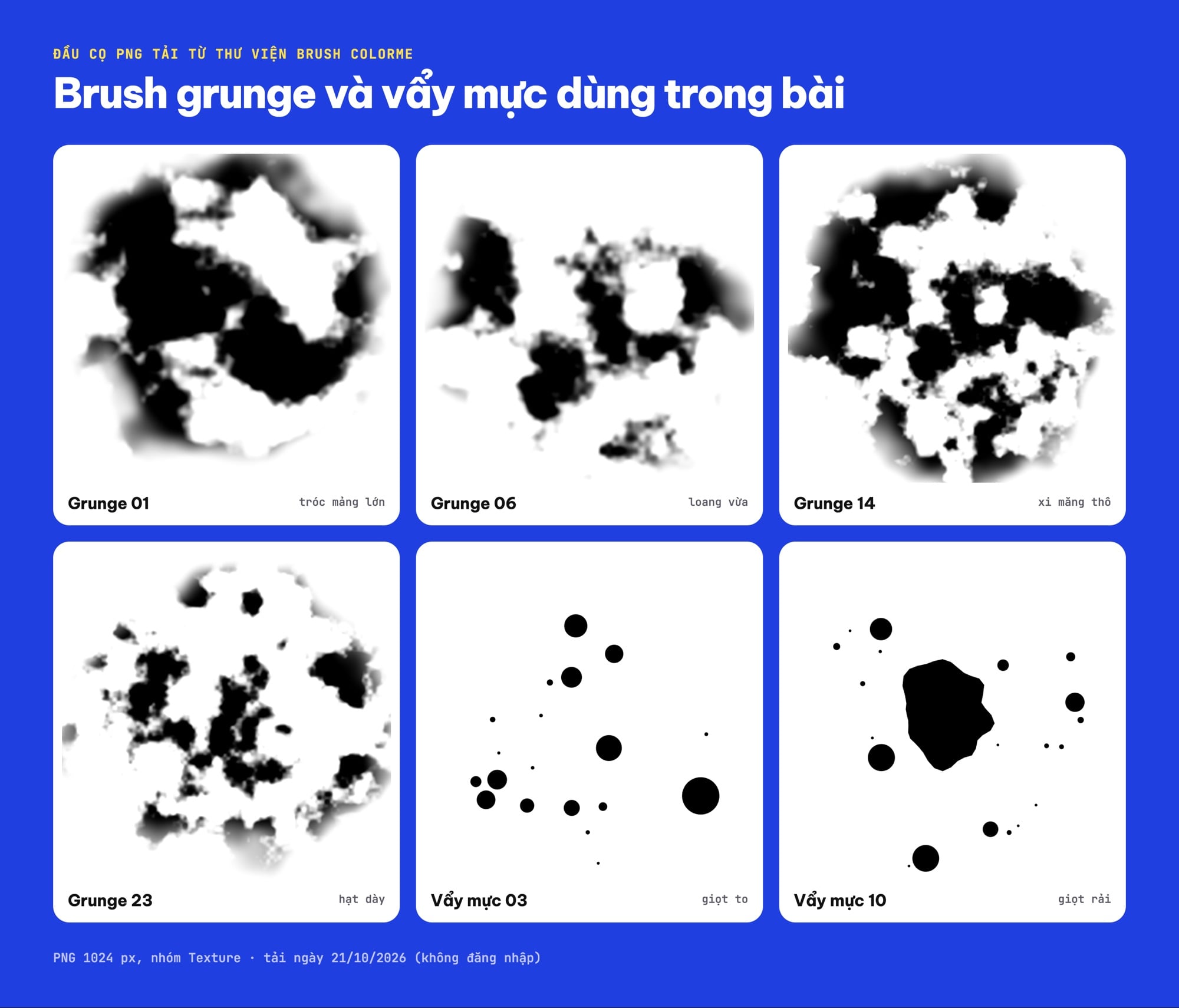 Sáu đầu cọ brush grunge và vẩy mực màu đen trên nền trắng, tải từ Thư viện brush ColorME