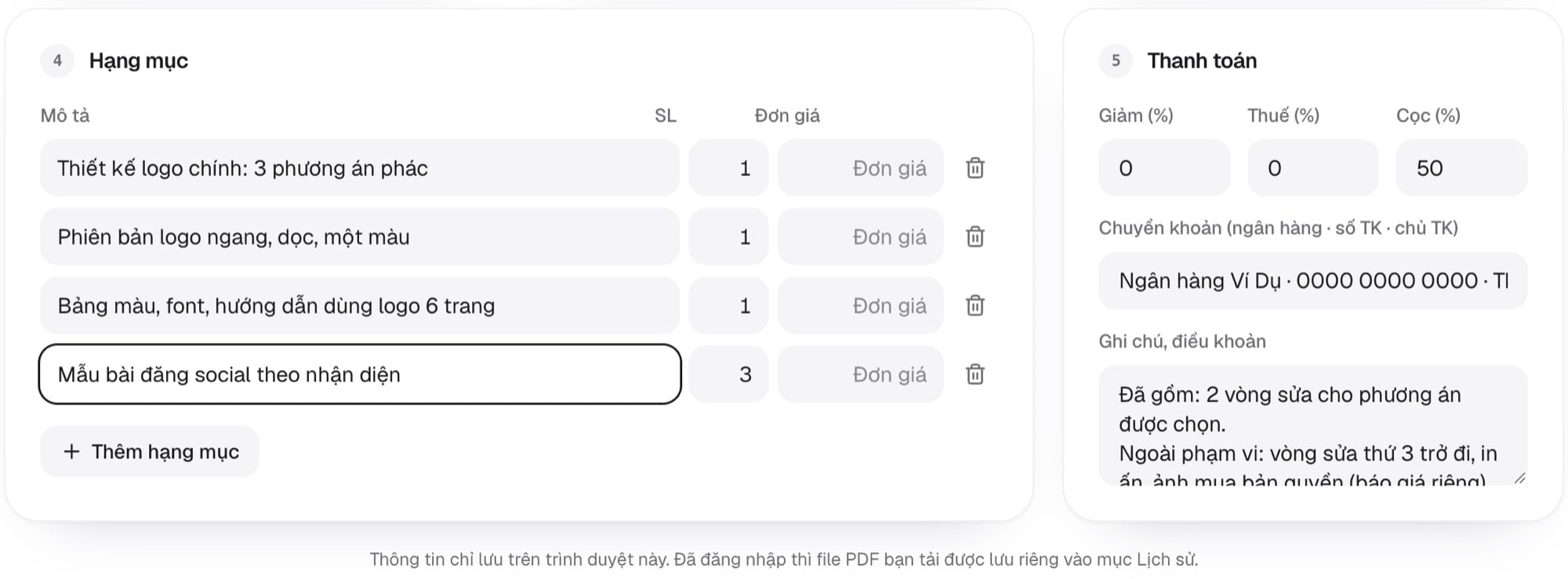 Ô hạng mục, cọc và ghi chú điều khoản trong công cụ báo giá