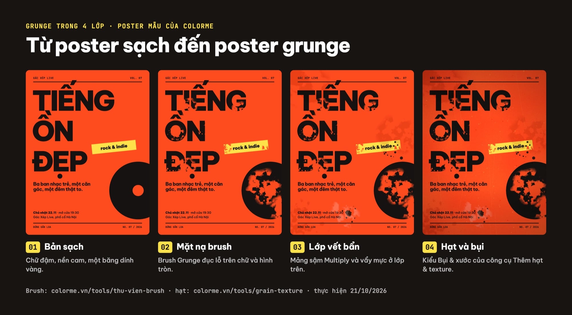 Bốn bước tạo hiệu ứng grunge trên poster chữ TIẾNG ỒN ĐẸP nền cam: bản sạch, đục lỗ bằng brush, thêm vết bẩn, thêm hạt bụi