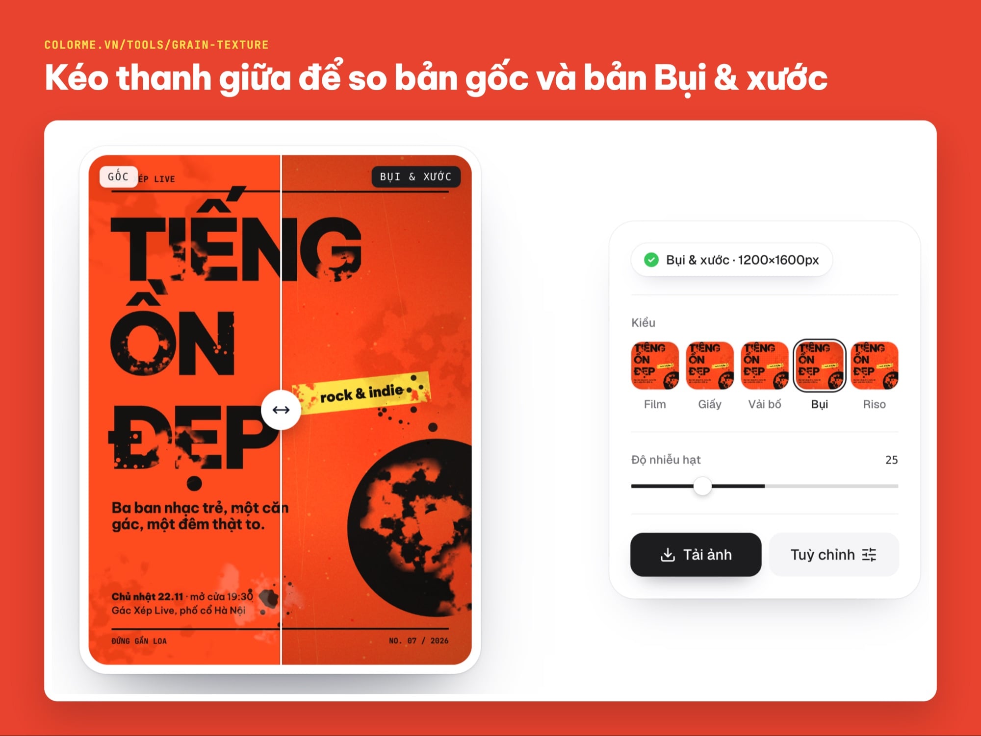 Công cụ Thêm hạt và texture của ColorME so sánh poster gốc và bản Bụi và xước bằng thanh kéo