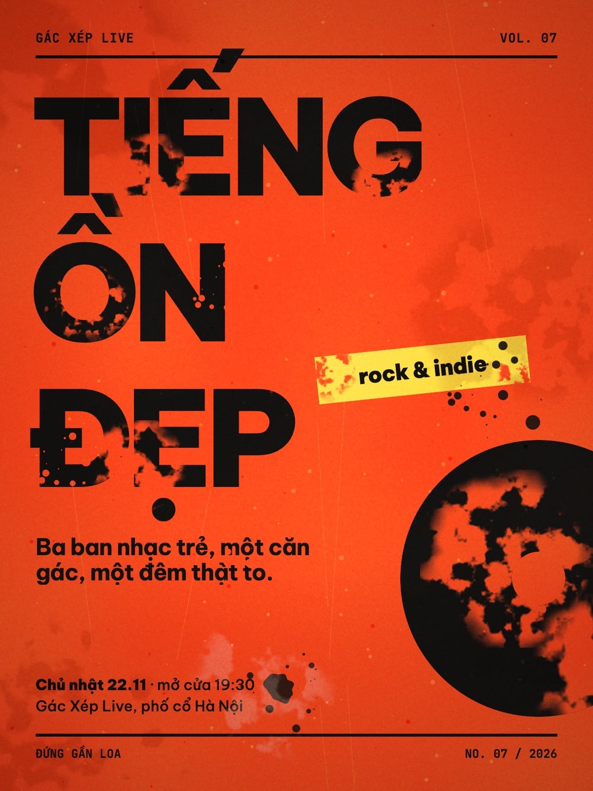 Poster grunge TIẾNG ỒN ĐẸP nền cam với chữ đen bị tróc, vẩy mực, vết xước và hạt bụi