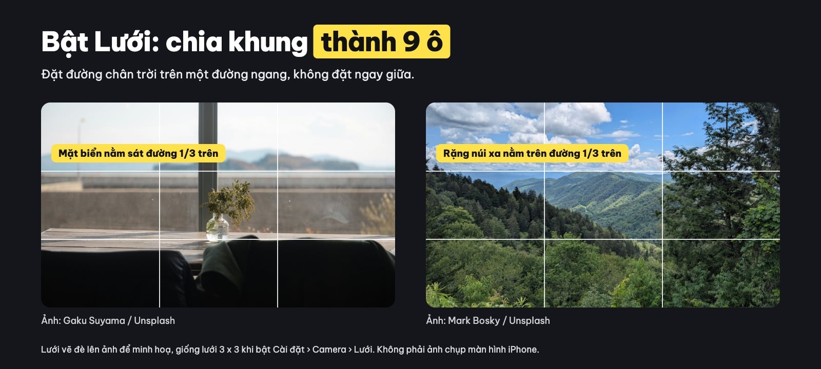 Lưới camera iPhone chia khung 9 ô, đặt chân trời trên đường 1/3