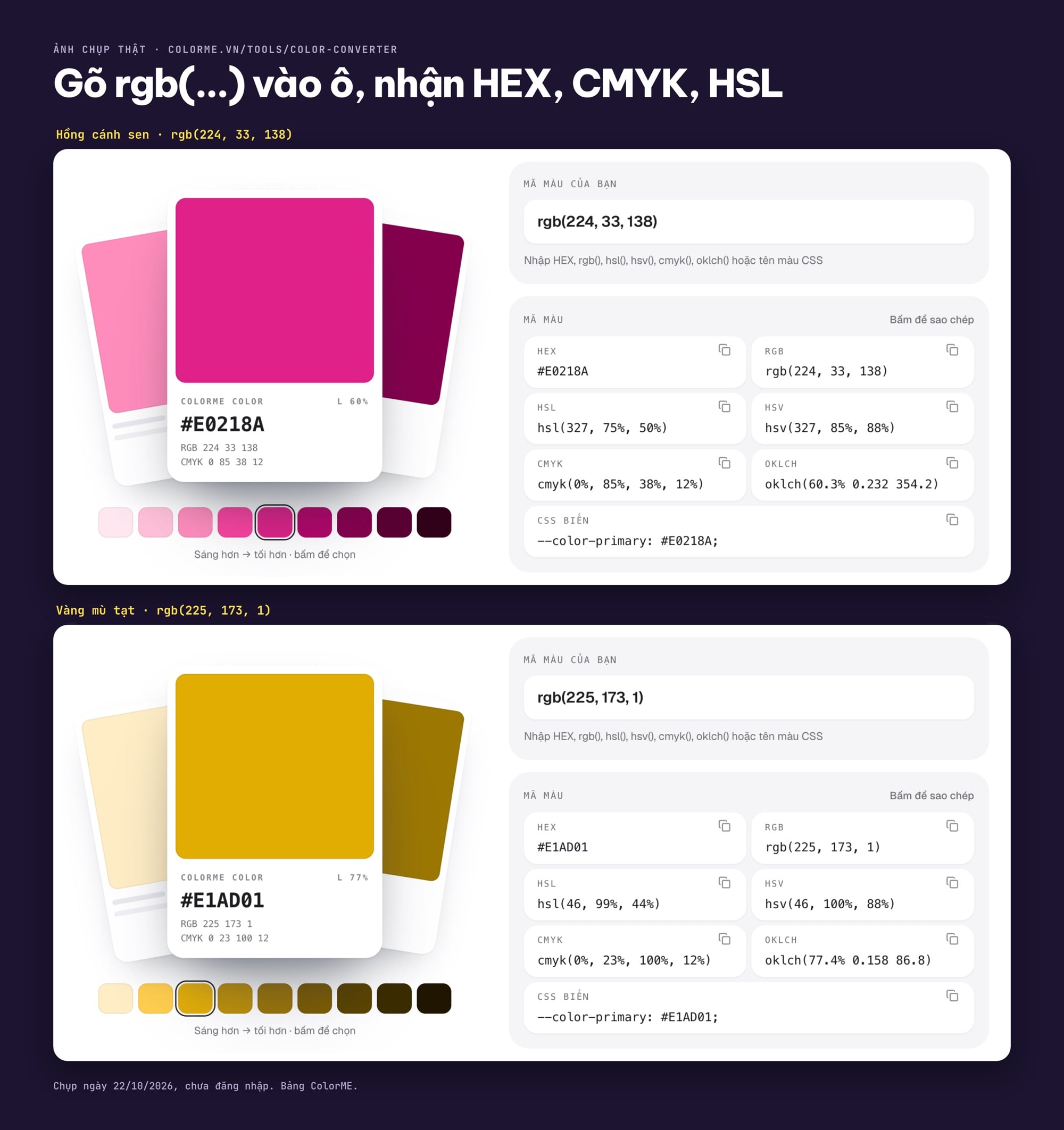 Tra mã màu RGB hồng cánh sen và vàng mù tạt