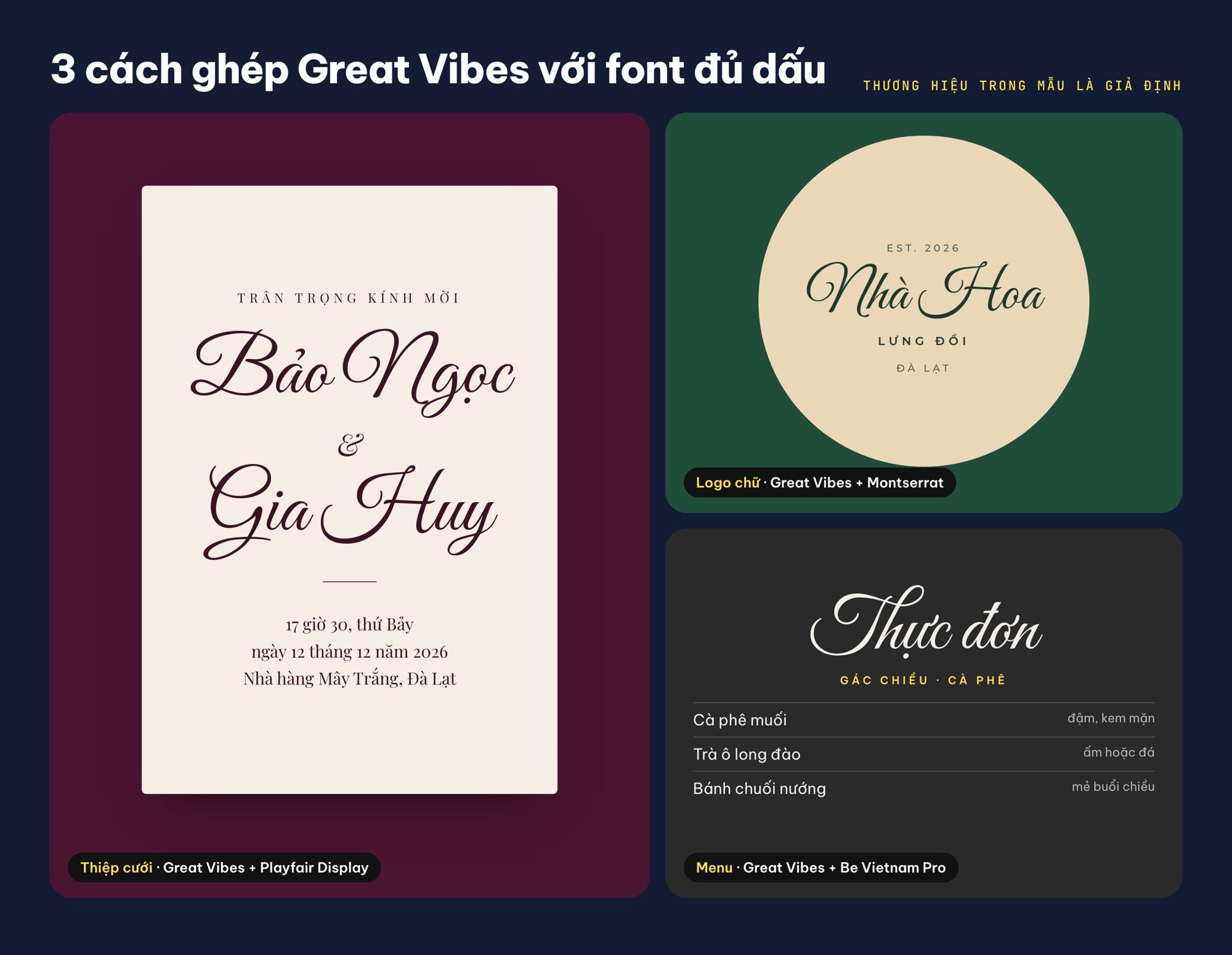 Ghép font Great Vibes với Playfair Display, Montserrat, Be Vietnam Pro