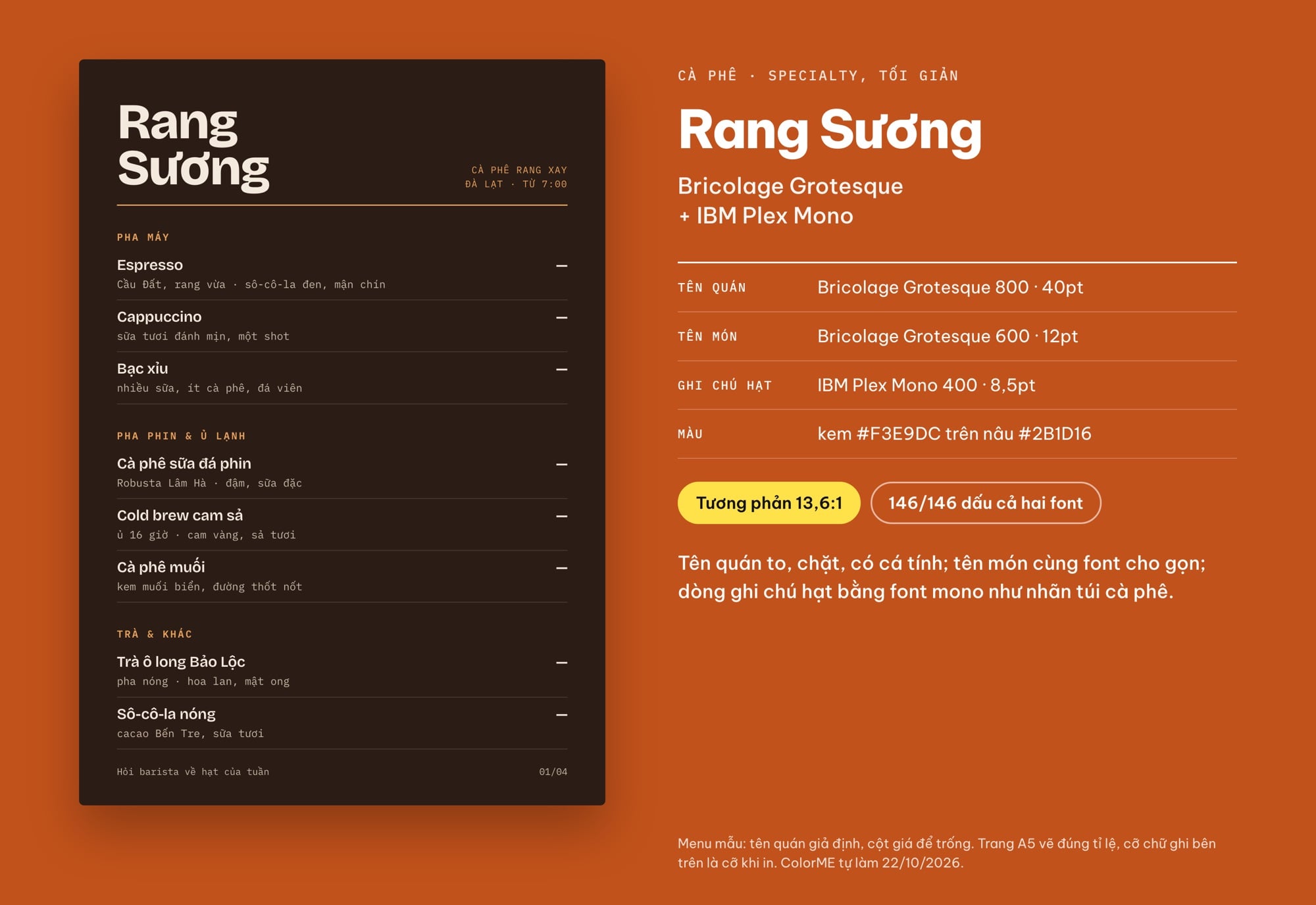 Font chữ menu cà phê Bricolage Grotesque và IBM Plex Mono