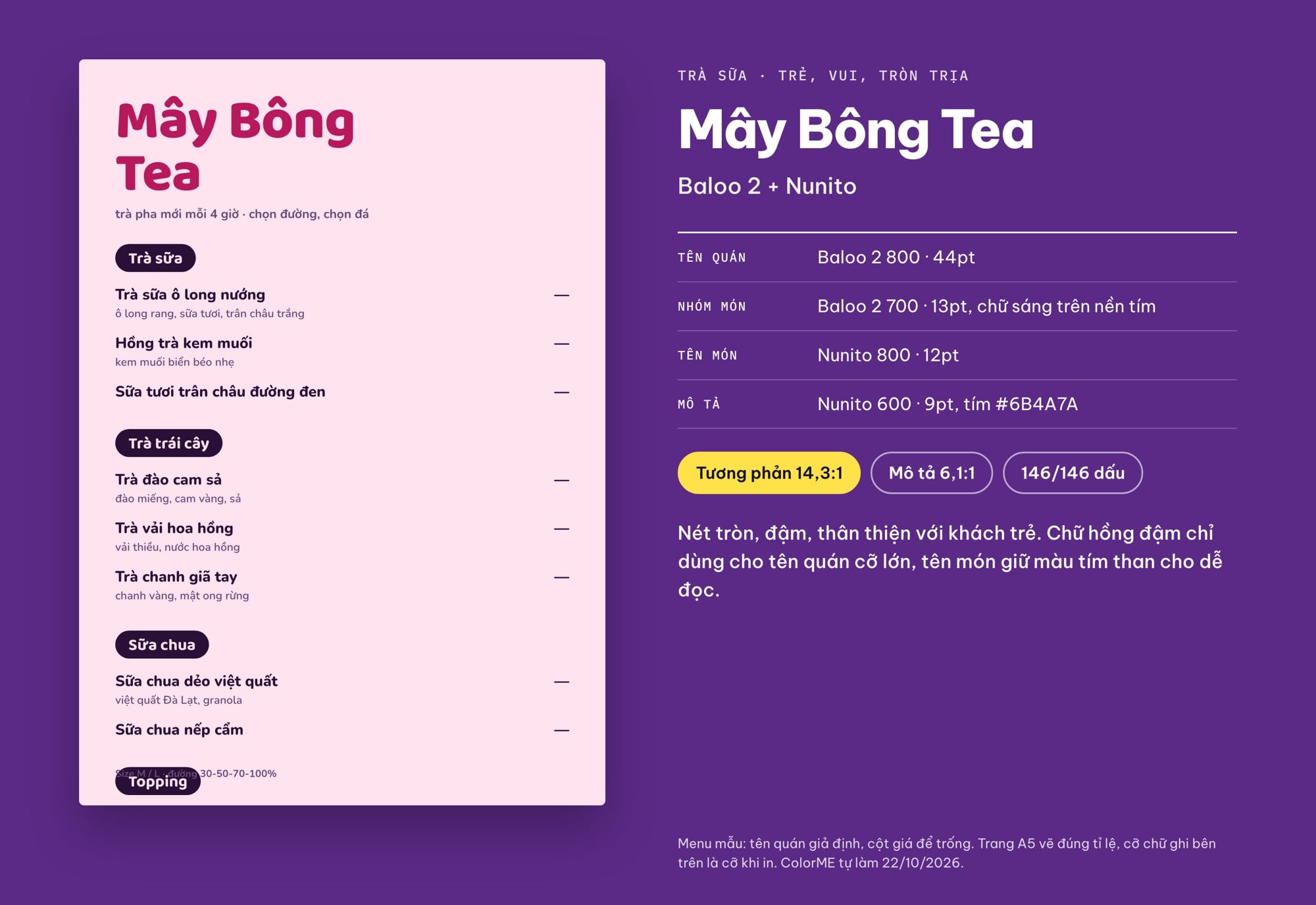 Font chữ menu trà sữa Baloo 2 và Nunito