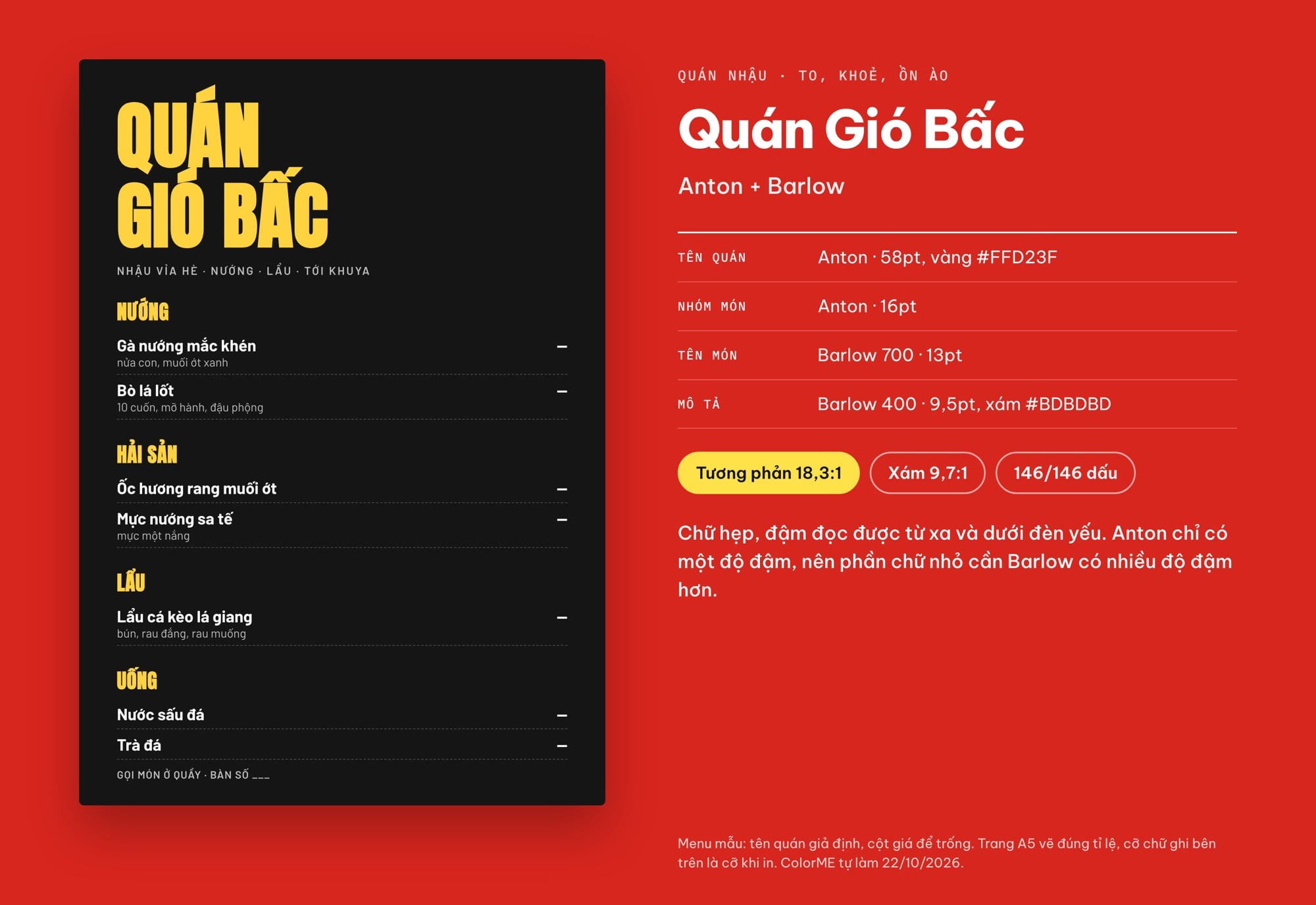 Font chữ menu quán nhậu Anton và Barlow