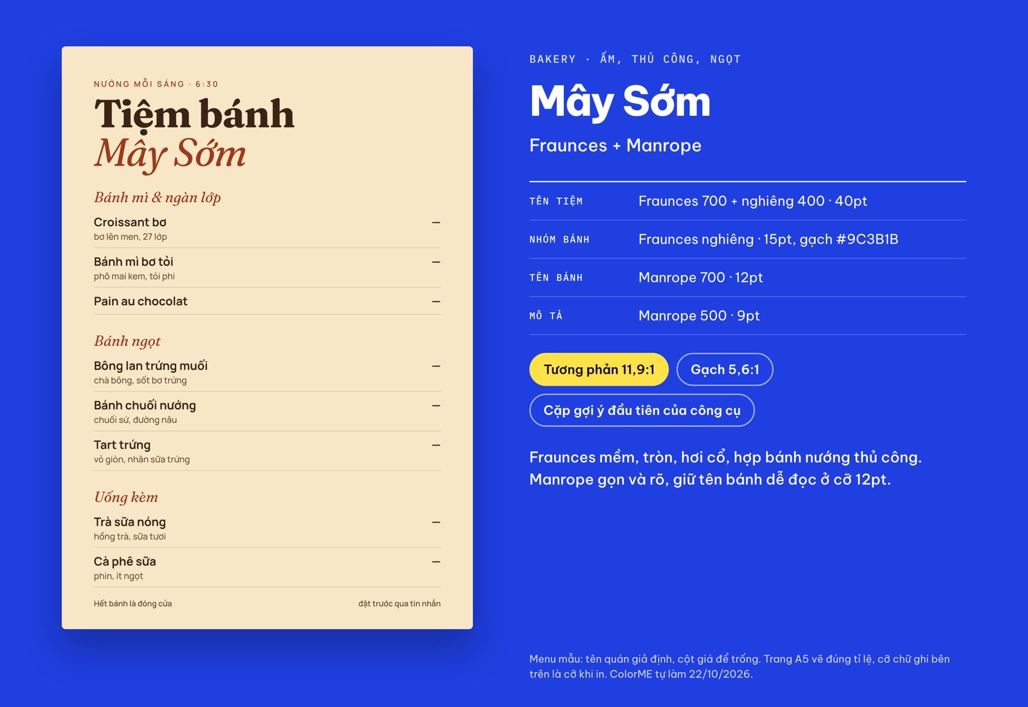 Font chữ menu tiệm bánh Fraunces và Manrope