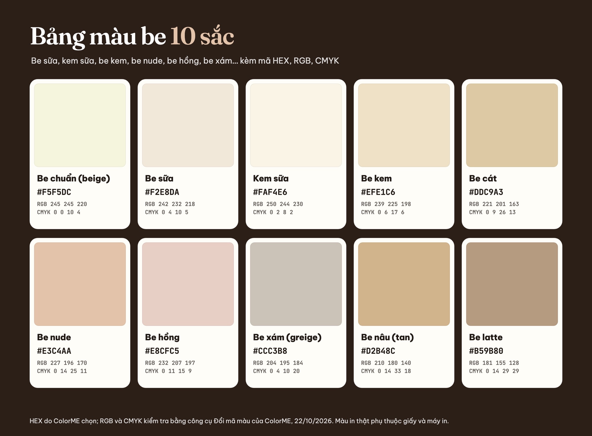 Bảng màu be 10 sắc kèm mã HEX, RGB, CMYK
