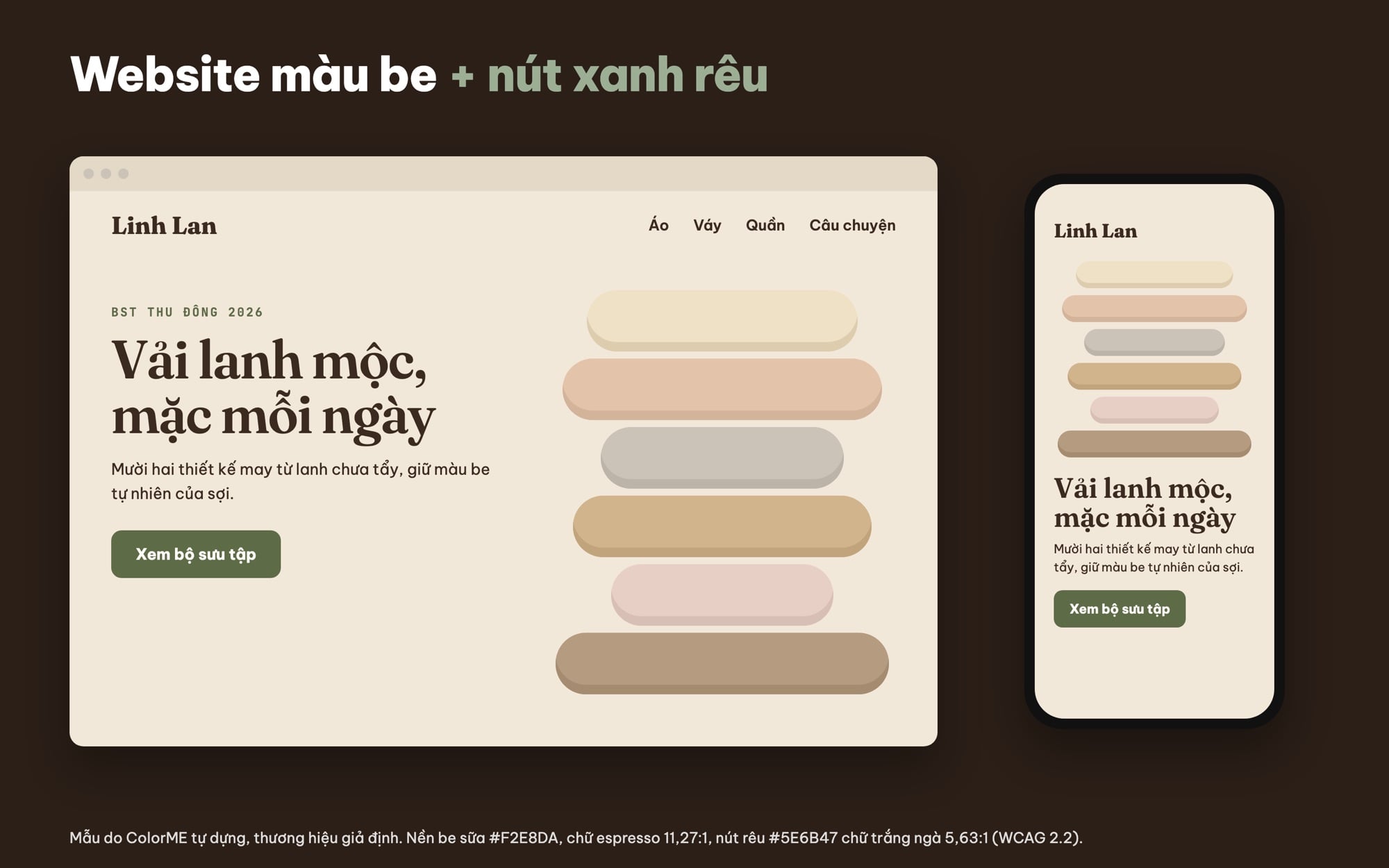 Mẫu website màu be với nút xanh rêu