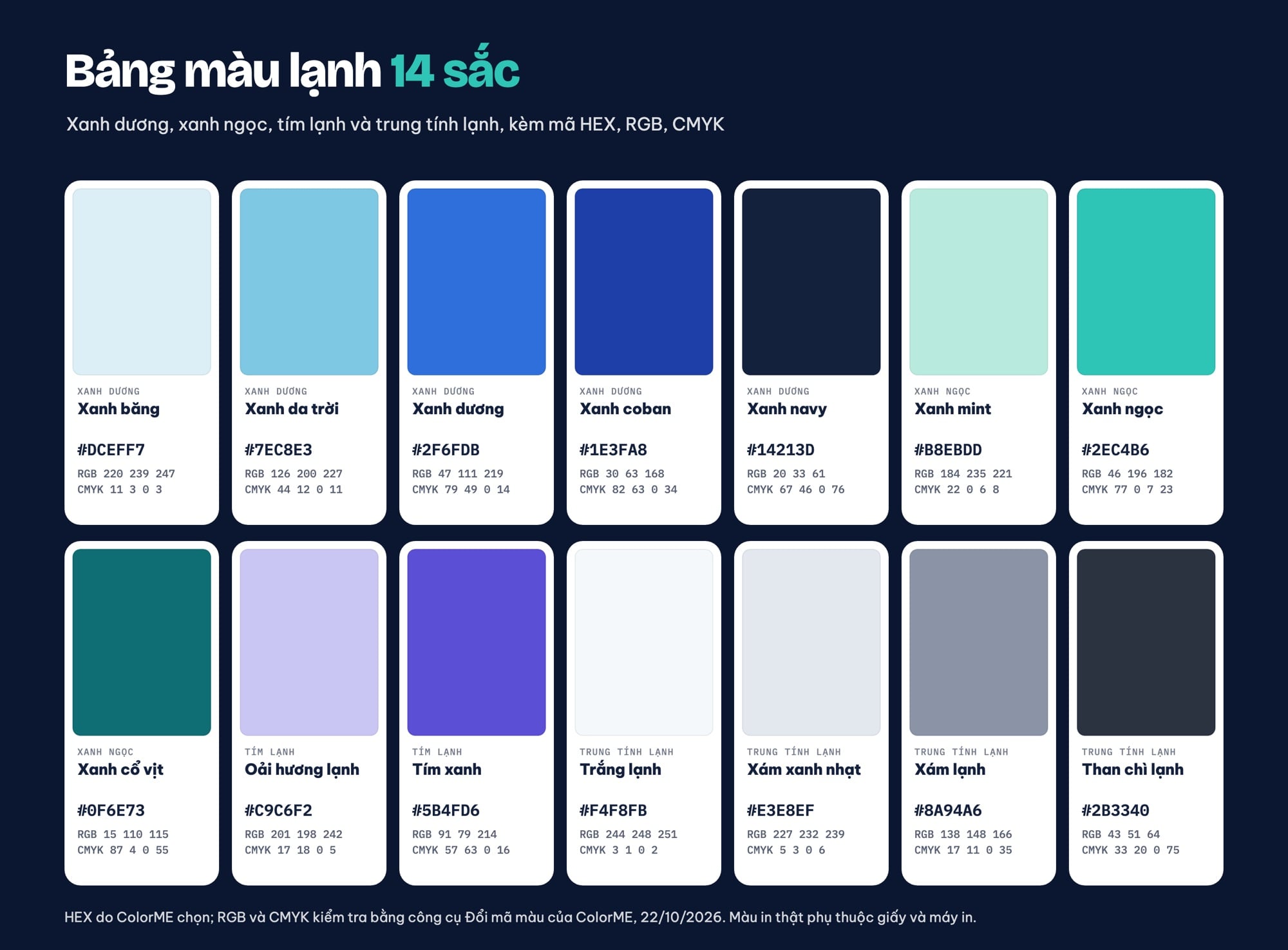 Bảng màu lạnh 14 sắc kèm mã HEX, RGB, CMYK