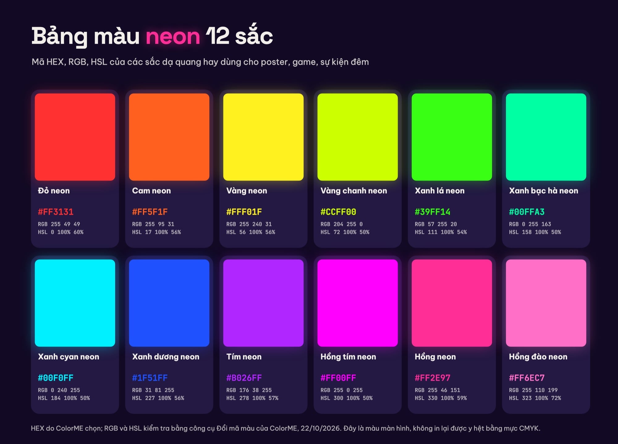 Bảng màu neon 12 sắc kèm mã HEX, RGB, HSL
