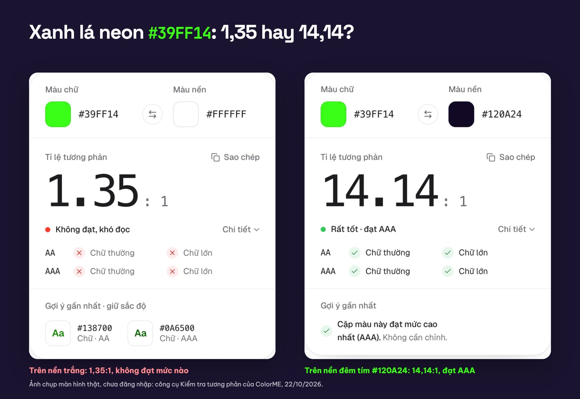 Kiểm tra tương phản xanh lá neon trên nền trắng và nền tối