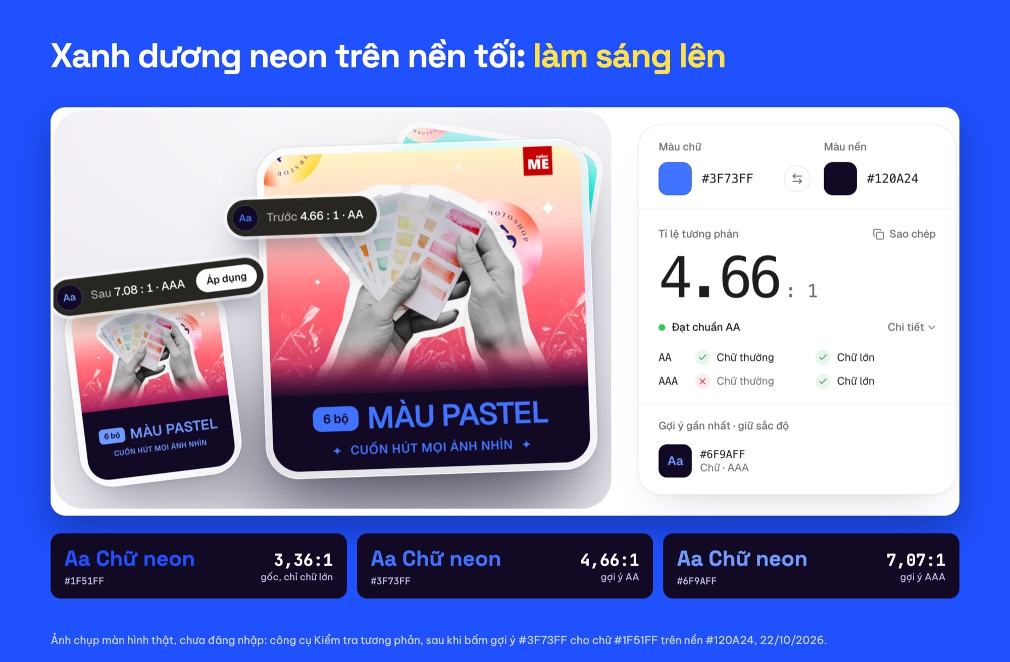 Công cụ gợi ý màu xanh dương neon dễ đọc trên nền tối
