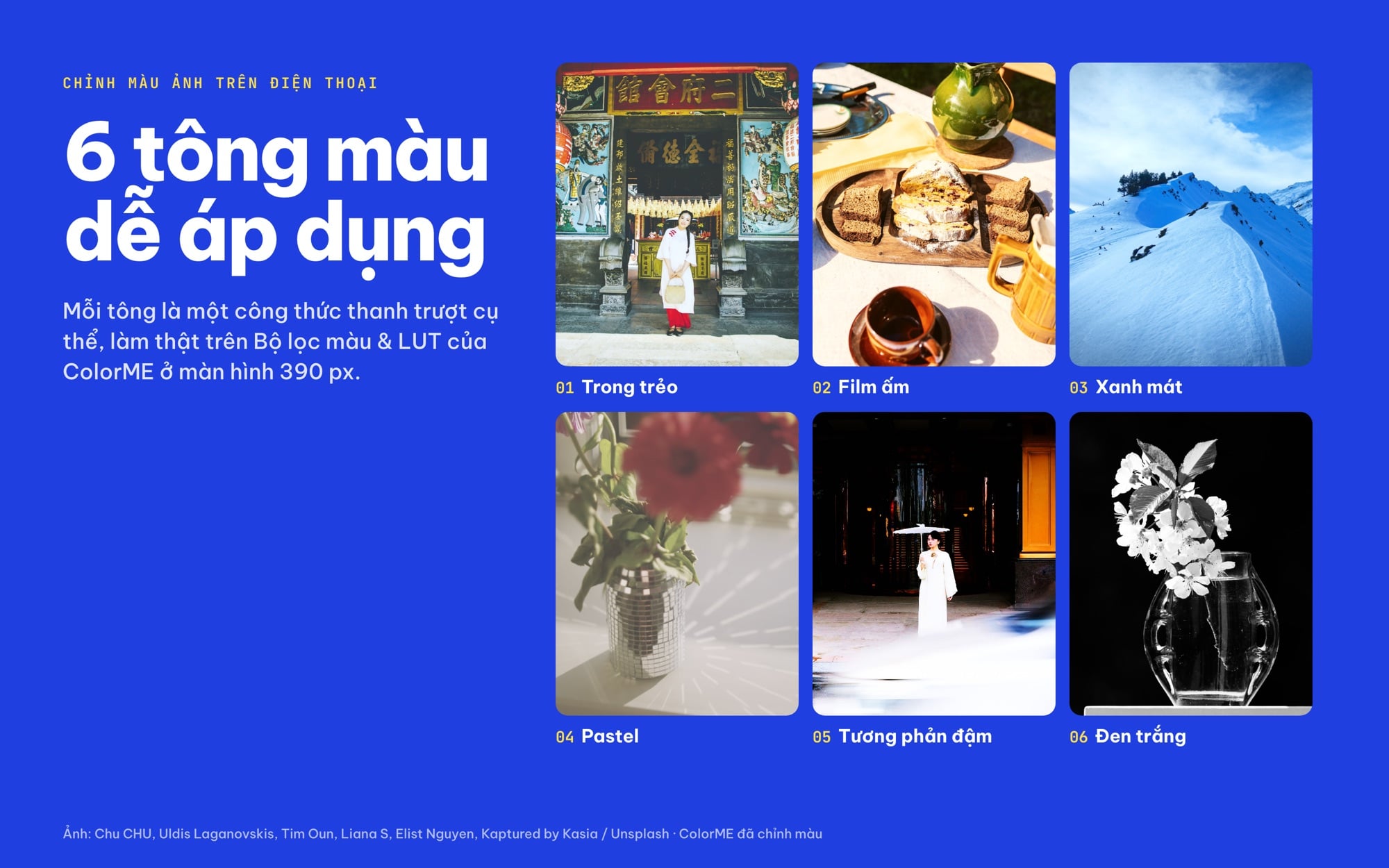 6 tông màu chỉnh ảnh trên điện thoại: trong trẻo, film ấm, xanh mát, pastel, tương phản đậm, đen trắng
