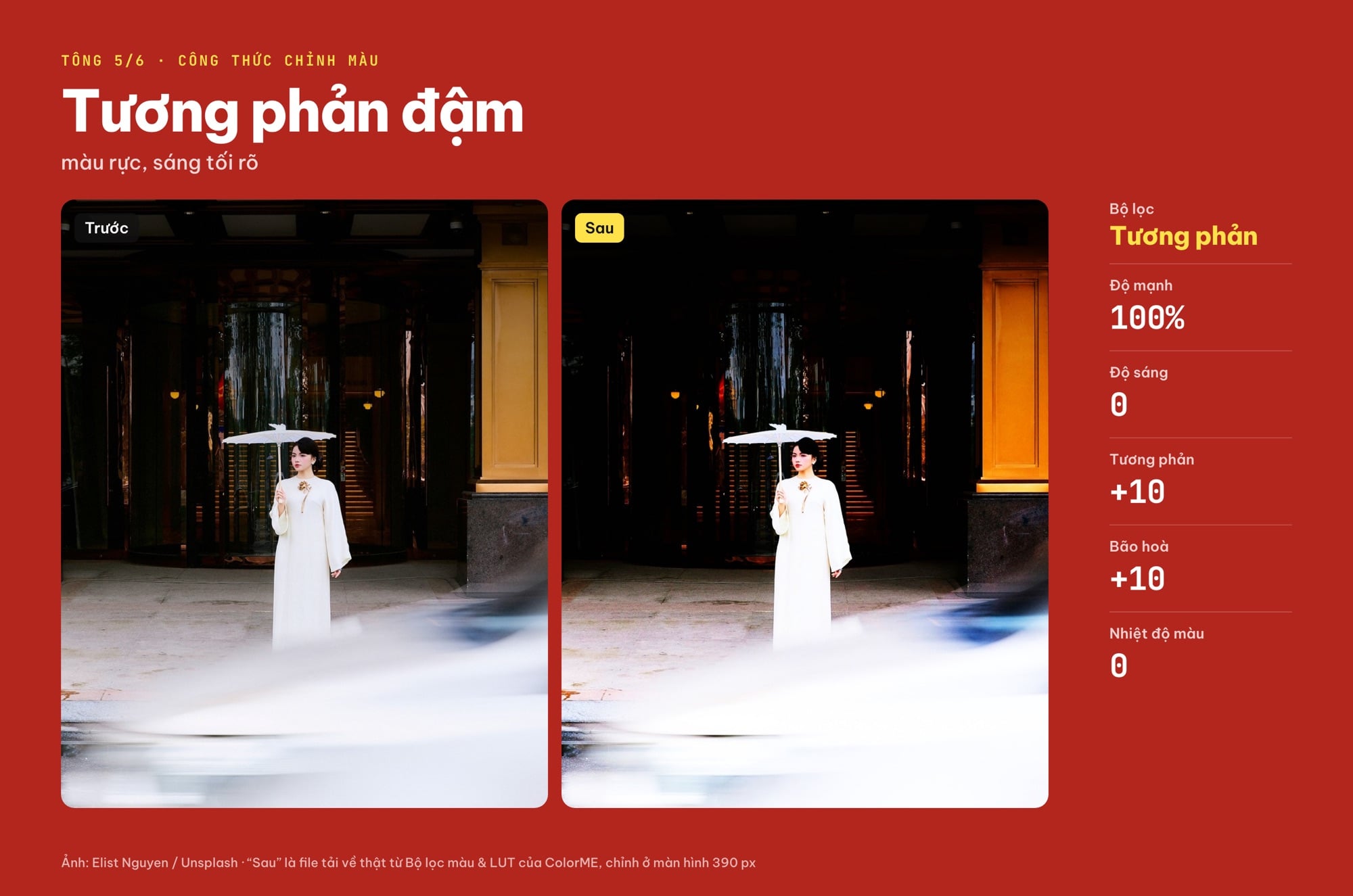 Trước và sau khi chỉnh màu tương phản đậm cho ảnh cô gái áo dài trắng cầm ô trên phố