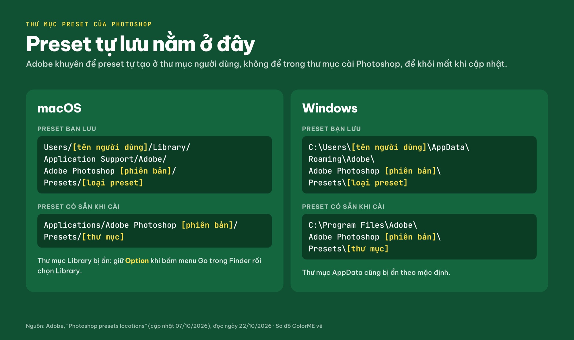 Đường dẫn thư mục preset Photoshop trên macOS và Windows, preset tự lưu và preset có sẵn
