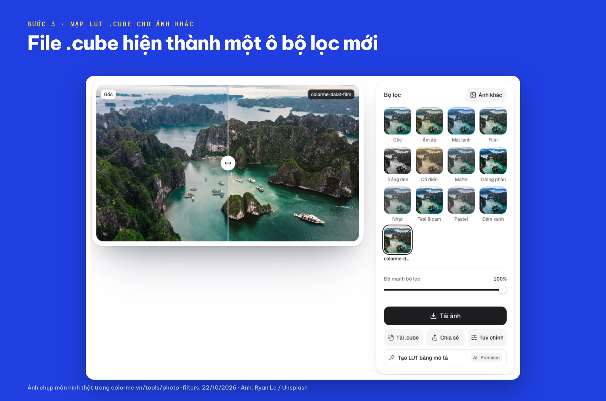 Nạp LUT .cube trên Bộ lọc màu và LUT của ColorME, ô bộ lọc mới colorme-dalat-film áp lên ảnh vịnh