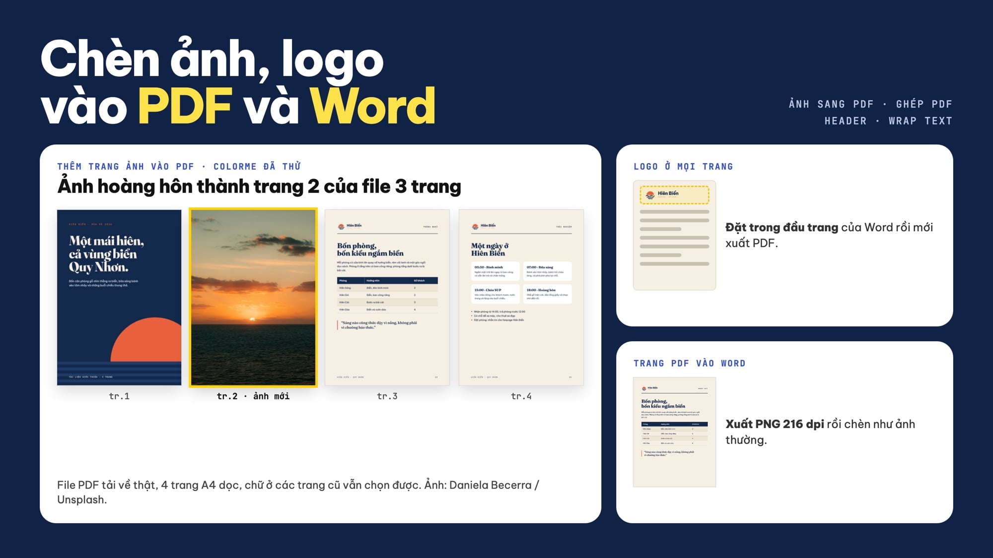 Chèn ảnh vào file PDF thành trang 2, đặt logo ở đầu trang Word và xuất trang PDF sang PNG