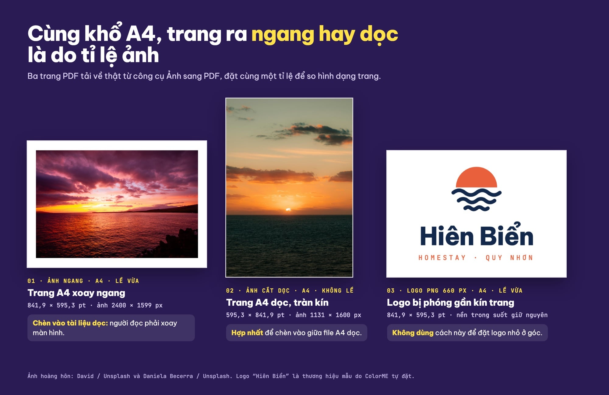 So sánh trang PDF khi chèn ảnh ngang, ảnh dọc và logo PNG vào khổ A4
