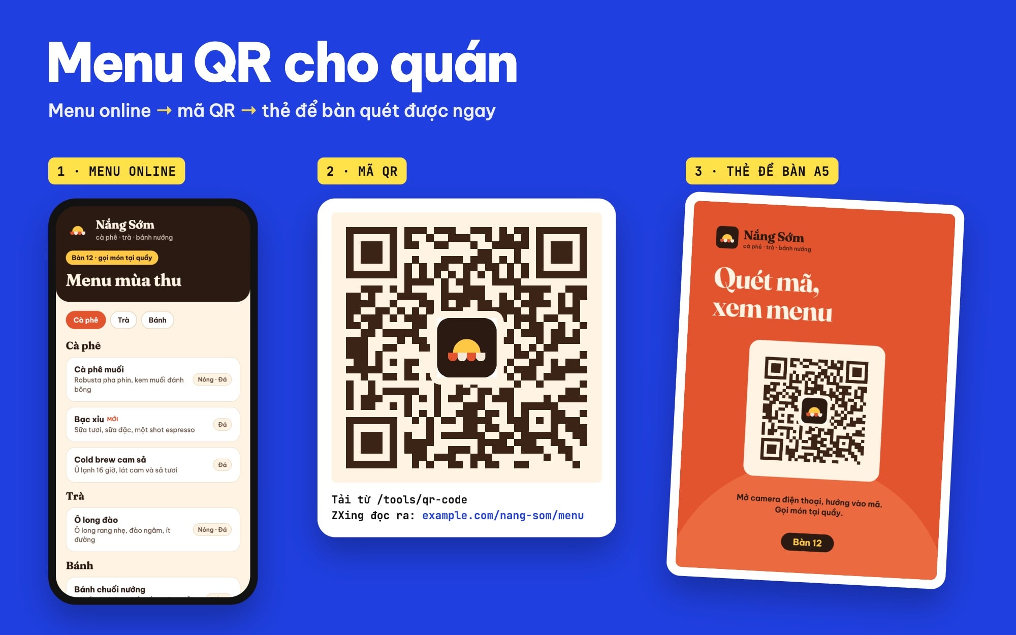 Menu QR cho quán: trang menu trên điện thoại, mã QR tải từ công cụ và thẻ để bàn A5 của quán mẫu Nắng Sớm