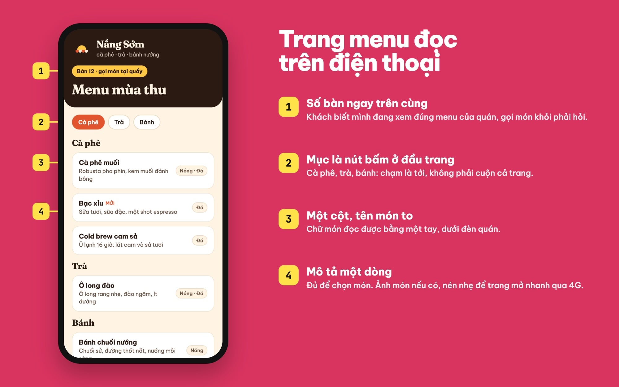 Trang menu cà phê dàn một cột cho điện thoại với số bàn, nút mục và tên món to