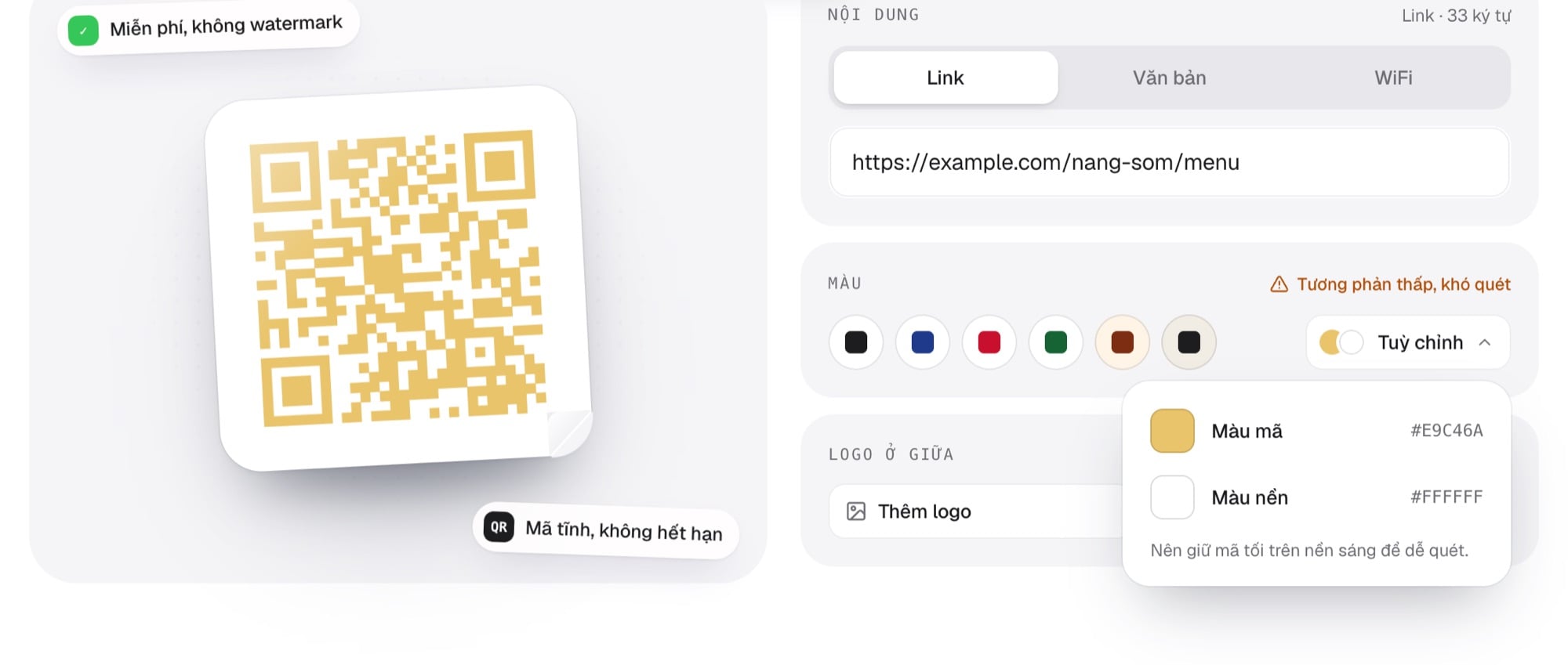 Mã QR màu vàng nhạt trên nền trắng và cảnh báo Tương phản thấp, khó quét